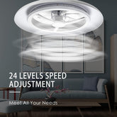 Ceiling fan with light fixture in a living room setting, highlighting speed adjustment feature.